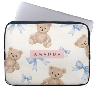 Personalized Teddy Bear & Blue Bow Pattern Laptop Sleeve