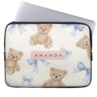 Personalized Teddy Bear & Blue Bow Pattern Laptop Sleeve