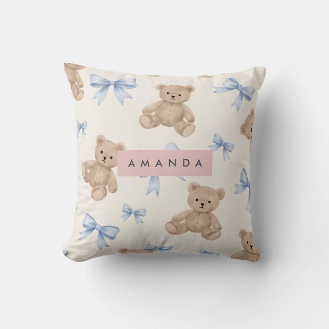 Personalized Teddy Bear & Blue Bow Pattern Throw Pillow (Front)