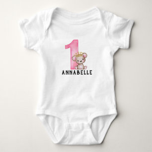 Personalized Teddy Bear Girls Pink 1 1st Birthday Baby Bodysuit
