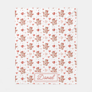 Personalized Teddy Bear & Hearts Fleece Blanket