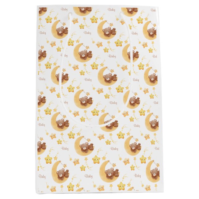 Personalized Teddy Bear Moon Baby Shower Medium Gift Bag (Front)