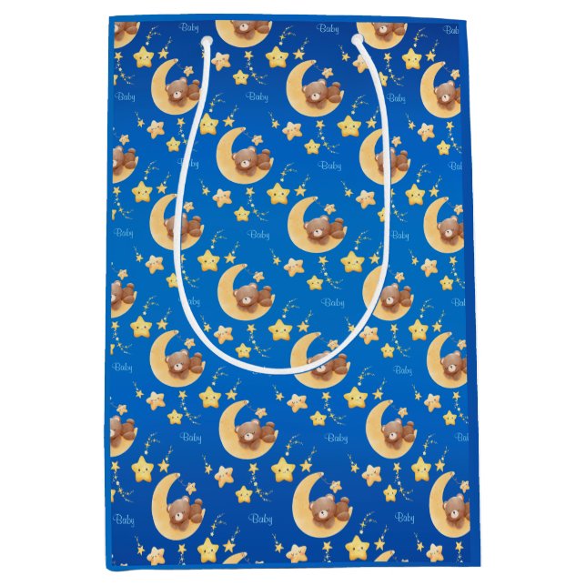 Personalized Teddy Bear Moon Baby Shower Medium Gift Bag (Front)