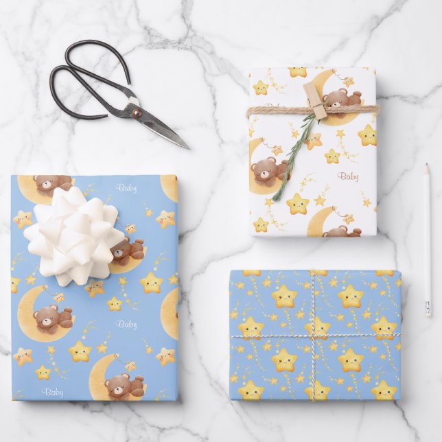 Personalized Teddy Bear Moon Baby Shower Wrapping Paper Sheet (Front)
