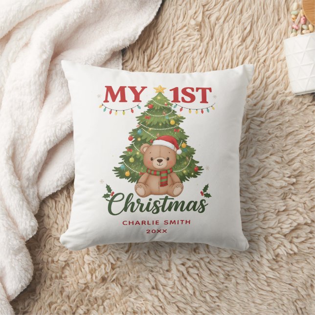 Personalized Teddy Bear My 1st Christmas Custom  Throw Pillow (Blanket)