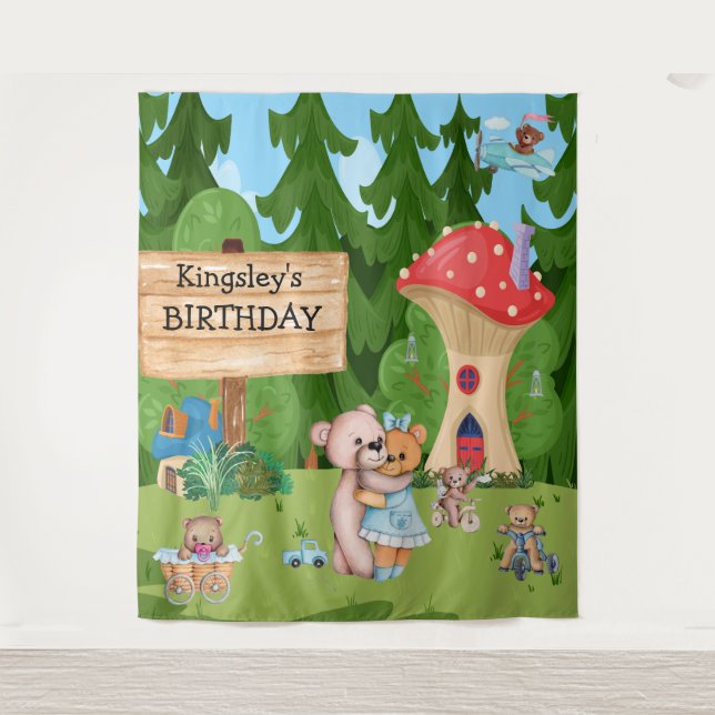 Personalized Teddy Bear Picnic Village Tapestry (Front)