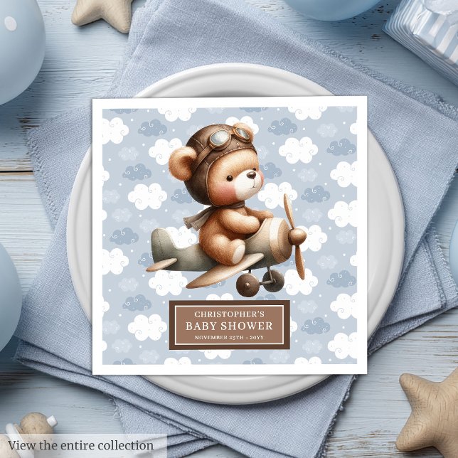 Personalized Teddy Bear Pilot Baby Shower Party  Napkin (Personalized Teddy Bear Pilot Baby Shower Party Napkins)