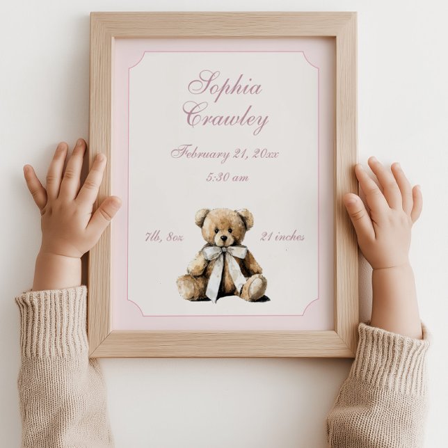 Personalized Teddy Bear Pink Birth Info Poster (teddy bear birth poster, pink nursery wall art, baby girl birth print, personalized baby poster, new)