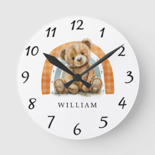 Personalized Teddy Bear Rainbow Boho Nursery Round Clock
