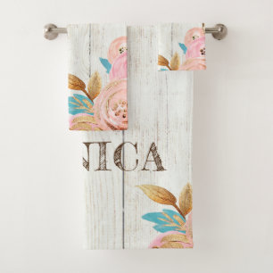Personalized Teddy Bear Rustic Floral Bath Towel Set