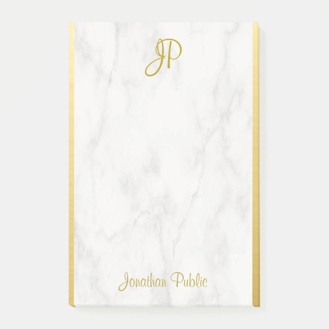 Personalized Template White Marble Gold Monogram Post-it Notes (Front)