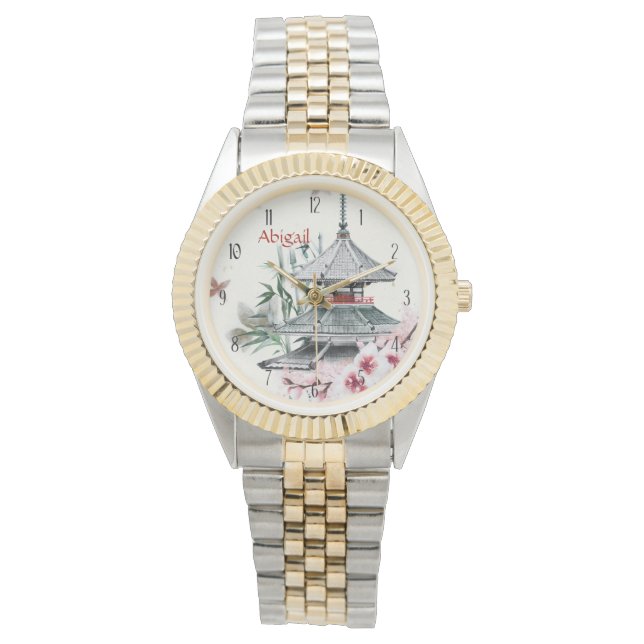 Personalized Temple, Bamboo, Cherry Blossoms Japan Watch (Front)