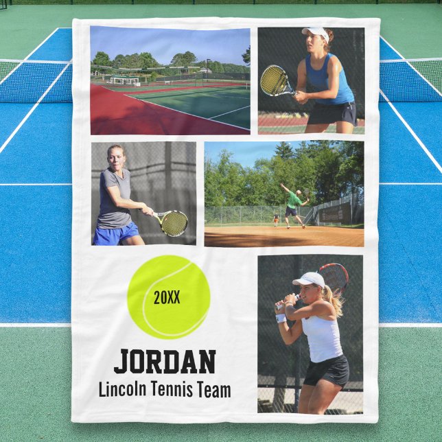 Personalized Tennis 5 Photo Collage Name Year Fleece Blanket (Creator Uploaded)