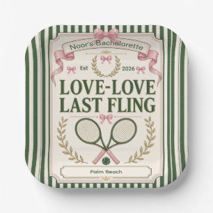 Personalized tennis bachelorette party green beige paper plate