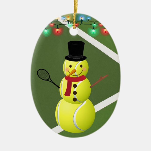 Personalized Tennis Ball Snowman Christmas Ceramic Ornament (Front)