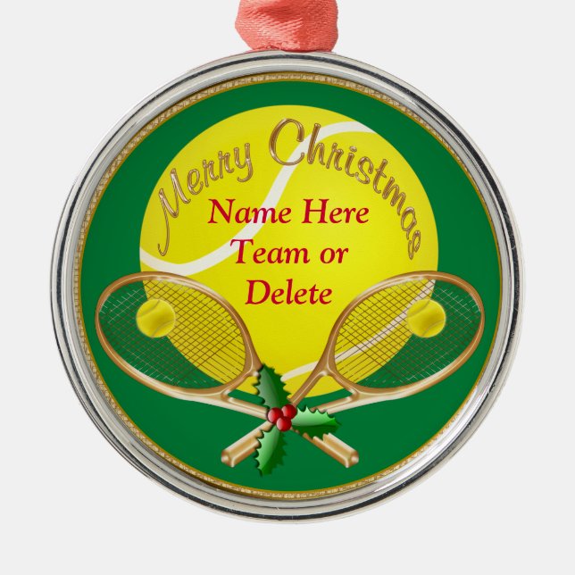 Personalized Tennis Christmas Ornaments, YOUR TEXT Metal Ornament (Front)