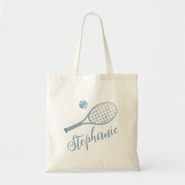 Personalized Tennis Dusty Blue Script Name Tote Bag (Front)