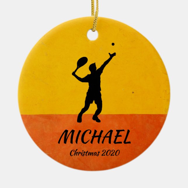 Personalized Tennis Player Coach Serve Yellow Xmas Ceramic Ornament (Front)