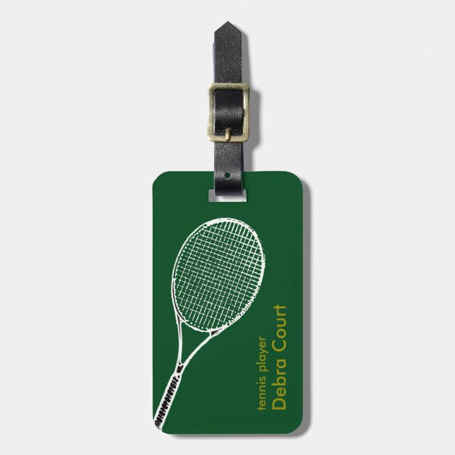 Personalized tennis player travel luggage tag (Front Vertical)