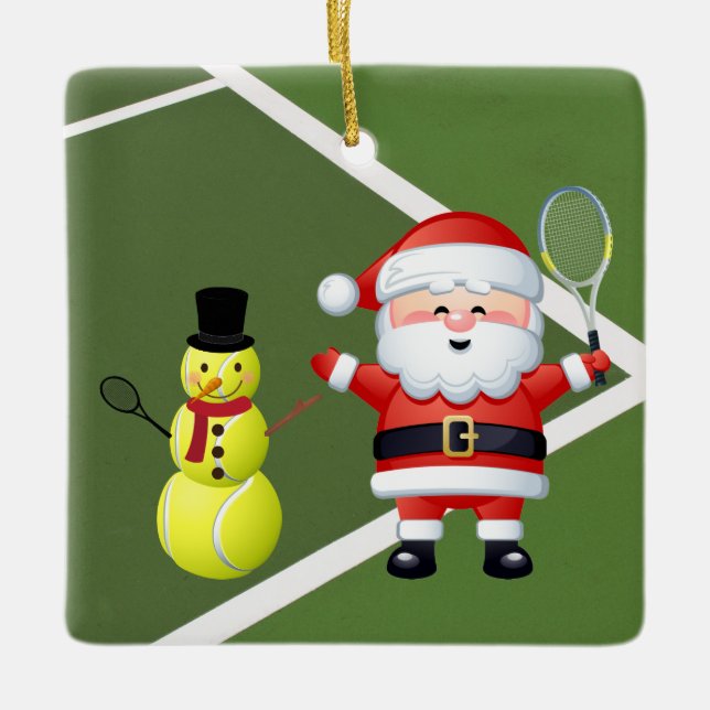 Personalized Tennis Snowman and Santa Claus Ceramic Ornament (Front)