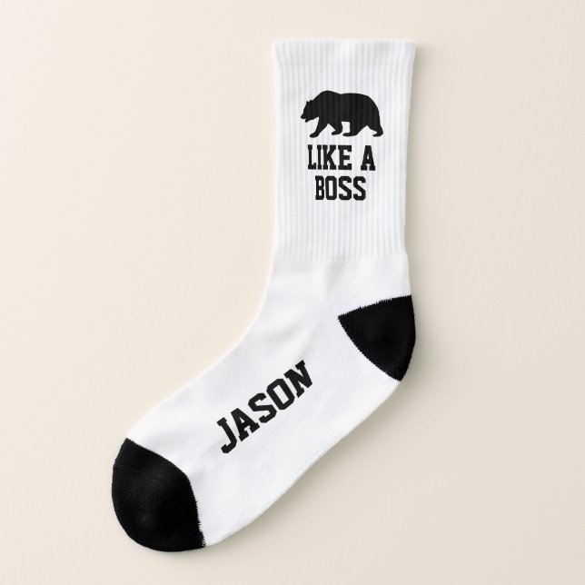 Personalized tennis socks with like a boss bear (Left Outside)