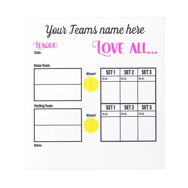 Personalized Tennis Team Scoresheets Notepad (Front)