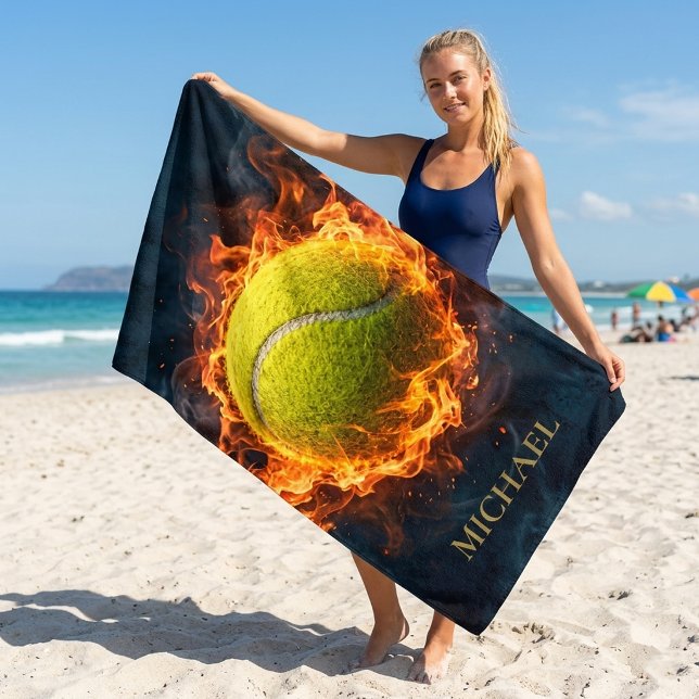 Personalized Tennis with Fiery Ball  Beach Towel (Creator Uploaded)