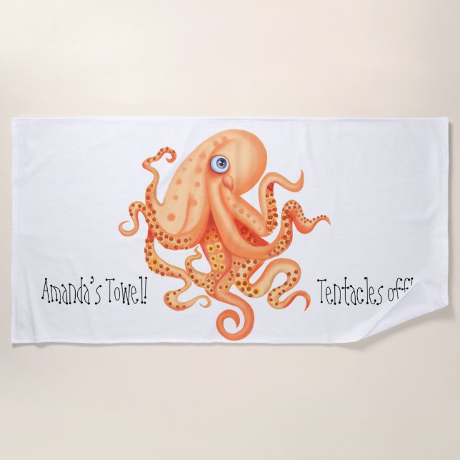 Personalized tentacles off cute orange octopus beach towel (Front)