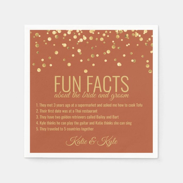 Personalized TERRACOTTA Gold Confetti FUN FACTS Napkin (Front)