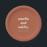 Personalized Terracotta Rust Fall Retro Wedding Paper Plate<br><div class="desc">Celebrate your big day with style using this modern terracotta wedding paper plate featuring bold,  minimalist typography and a warm earthy tone. Personalized with names and date,  it’s a perfect touch for rustic,  boho,  or outdoor receptions,  rehearsal dinners,  or engagement parties. A chic and practical choice for casual elegance.</div>