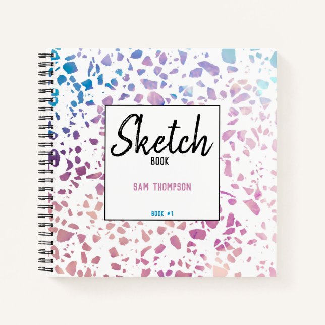 Personalized Terrazzo Mosaic Pink Blue Sketchbook Notebook (Front)