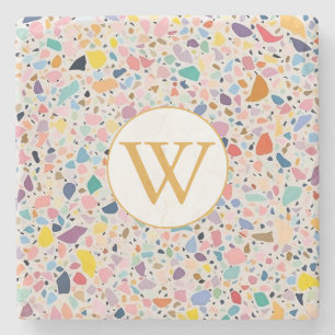 Personalized Terrazzo Pastel Colourful Monogram Stone Coaster