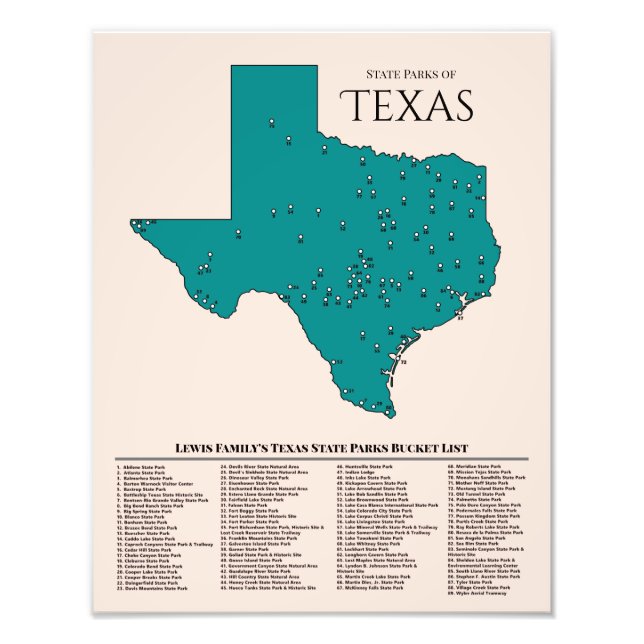 Personalized Texas State Park Bucket List Map Photo Print (Front)