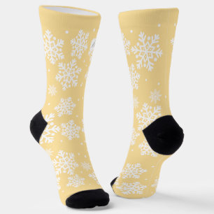 Personalized Text  Beige & white Snowflake pattern Socks