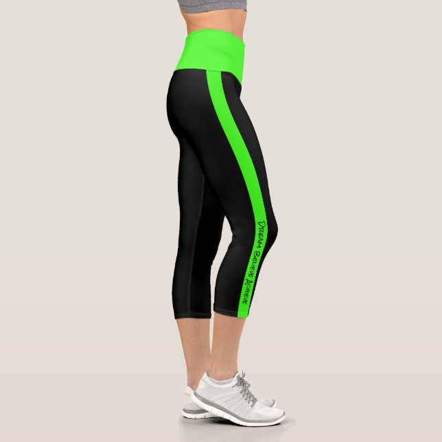 Personalized Text Black Neon Green Stripes Capri Leggings (Right)