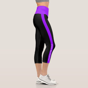 Personalized Text Black Neon Purple Stripes Capri Leggings