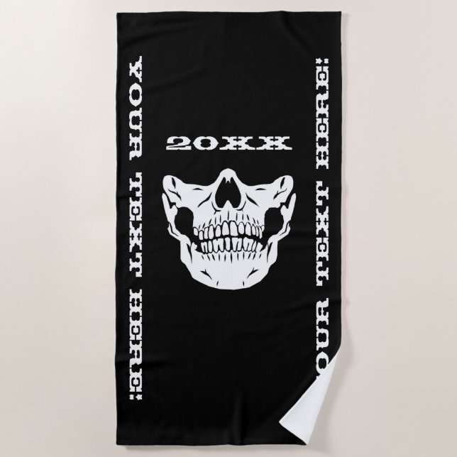 Personalized Text Black Skull Half Face Mask Beach Towel (Front)