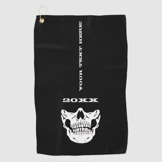 Personalized Text Black Skull Half Face Mask Style Golf Towel (Front)