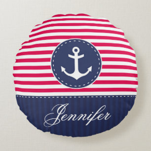 Personalized Text Blue and Red Nautical Anchor Round Pillow