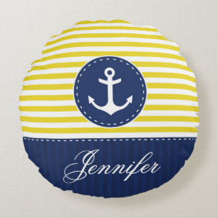Personalized Text Blue and Yellow Nautical Anchor Round Pillow