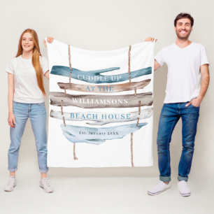 Personalized Text, Coastal Driftwood Beach Theme Fleece Blanket