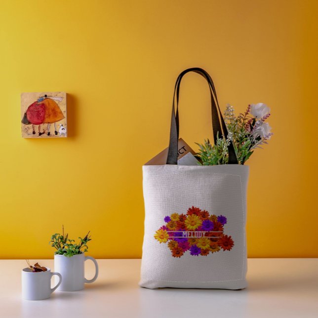 Personalized Text Colourful Girly Hippie Flowers Tote Bag (Creator Uploaded)