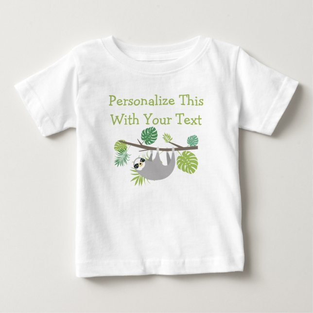 Personalized Text Fun Hanging Sloth Baby T-Shirt (Front)