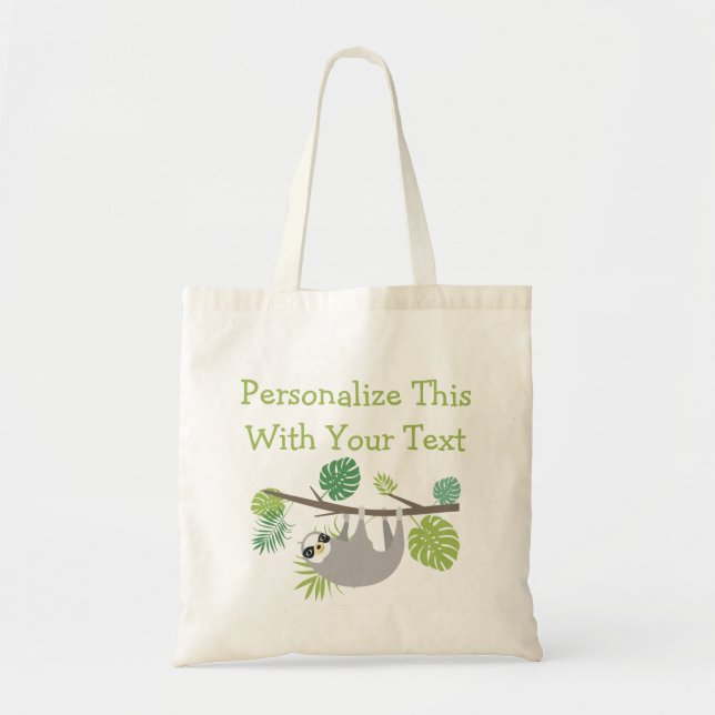 Personalized Text Fun Hanging Sloth Tote Bag (Front)