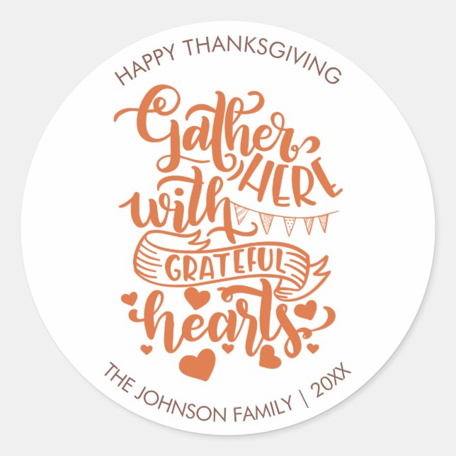 Personalized Text Grateful Heart Thanksgiving Classic Round Sticker (Front)