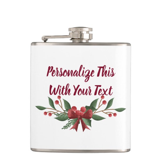 Personalized Text Holly and Berry Christmas Hip Flask (Front)