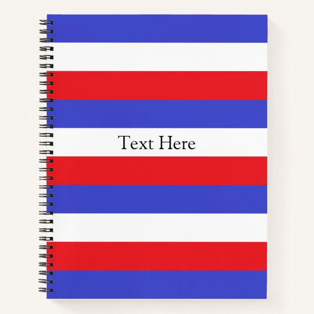 Personalized Text on Blue Red White Stripes Notebook (Front)