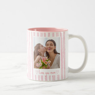 Personalized Text Photo Pink Stripes Coquette  Two-Tone Coffee Mug