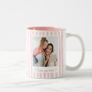 Personalized Text Photo Pink Stripes Coquette  Two-Tone Coffee Mug