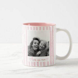 Personalized Text Photo Pink Stripes Coquette Two-Tone Coffee Mug